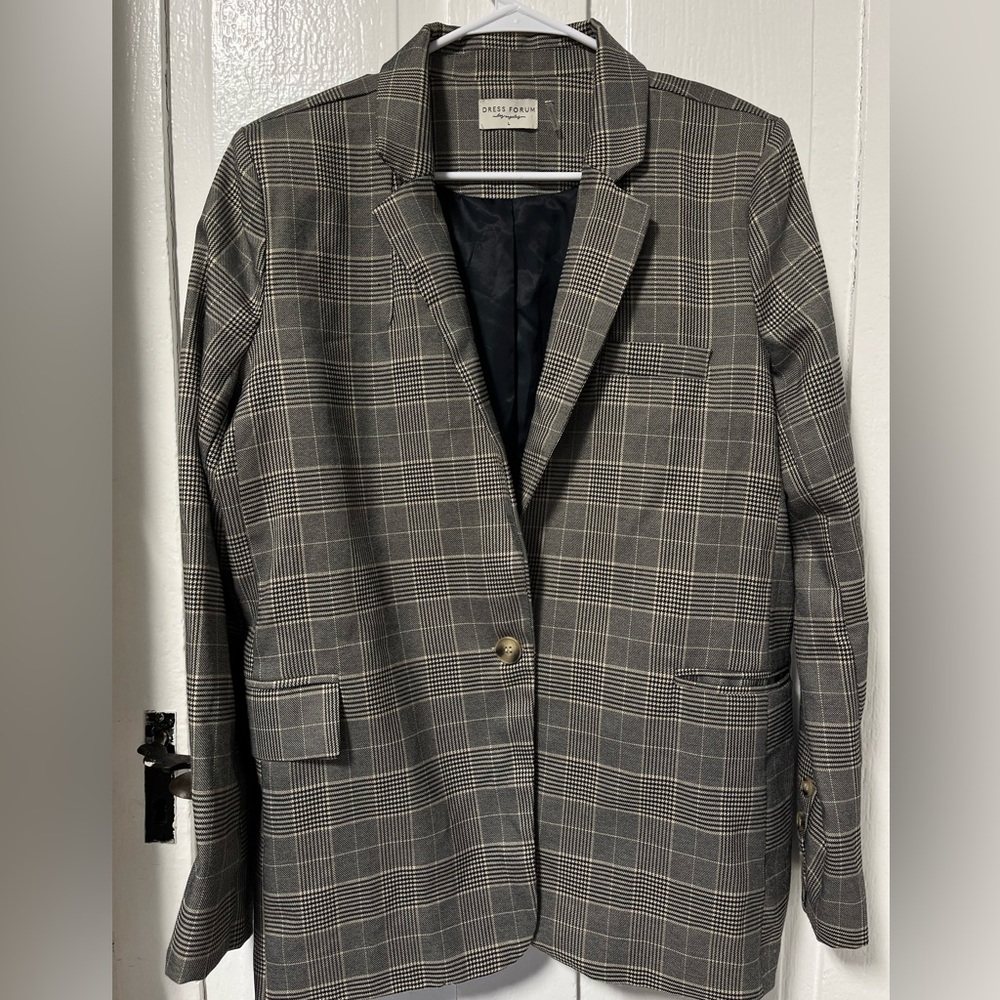 Dress Forum Boyfriend one button houndstooth plaid blazer jacket size large